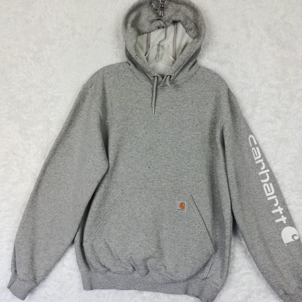 Carhartt Mens Sweatshirt Hoodie Heather Gray Sleeve Logo Graphic Midweight S